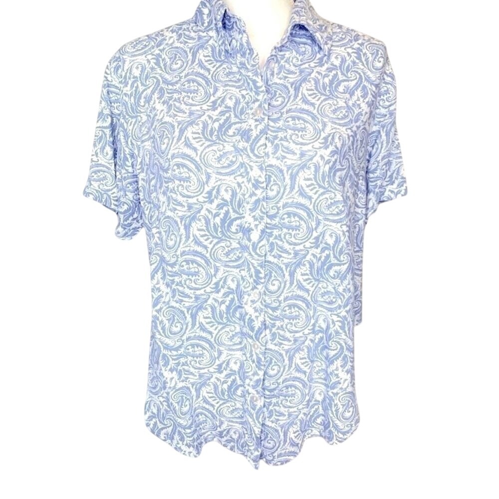 Japna Short Sleeve Button Down Shirt Blue White Floral Women Small